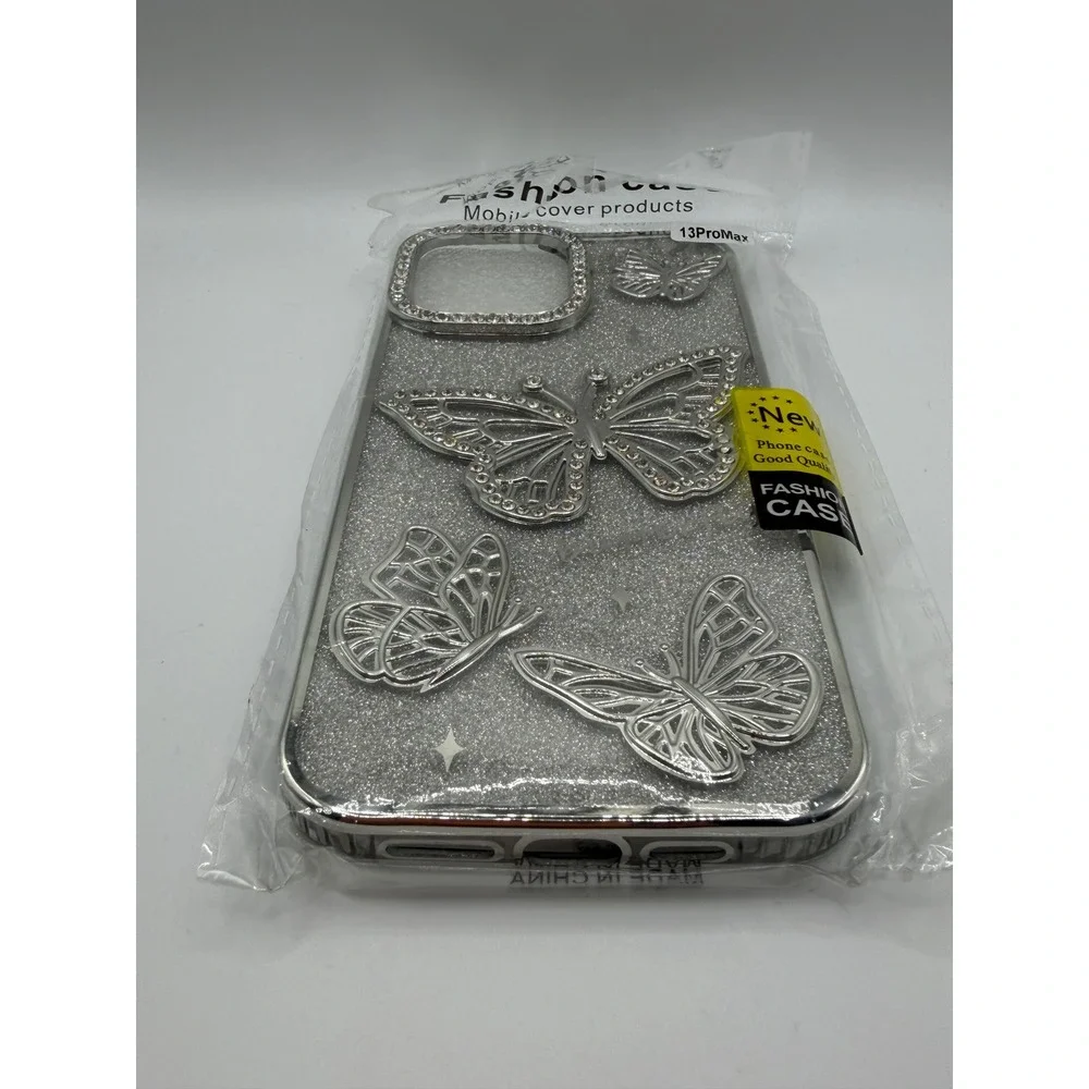 Silver Glitter Butterfly Rhinestone Case for iPhone 13 Pro Max Y2K Bling Cover